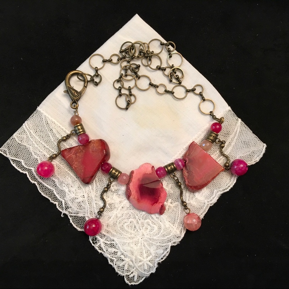 Custom Red Dragon Veins Agate Necklace, w/ Bronze